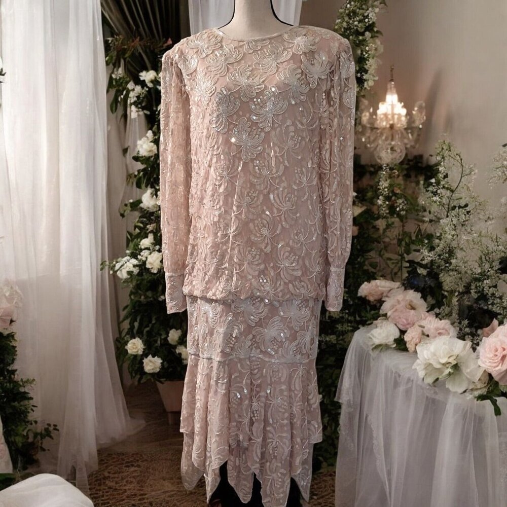 Vintage Showmax Beaded Dress Drop Waist Handkerchief Hem SZ L Mother of‎ Bride